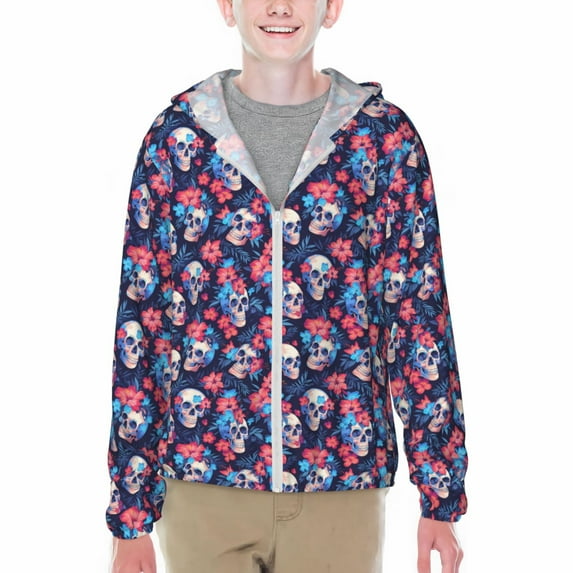 Cauagu Skull flower blue Print Sun Protection Jacket for Teen,Full-Zipper Long Sleeve Sun Shirts with Pockets UV Hoodie Shirts Outdoor Athletic Jacket-Small