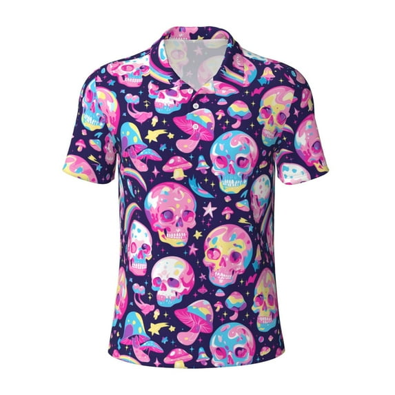 Cauagu Skull mushroom colorful cute Print Men's Polo Shirts, Short-Sleeve Polo Shirts for Men Performance Golf Shirt Athletic Casual Collared T-Shirt-Medium