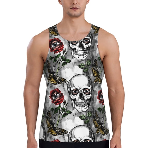 Cauagu Skulls Roses Print Men's Sleeveless Muscle Shirts,Tank Tops Quick Dry Workout Tank Top Gym Muscle Tee Fitness Bodybuilding T Shirt for Men-Medium