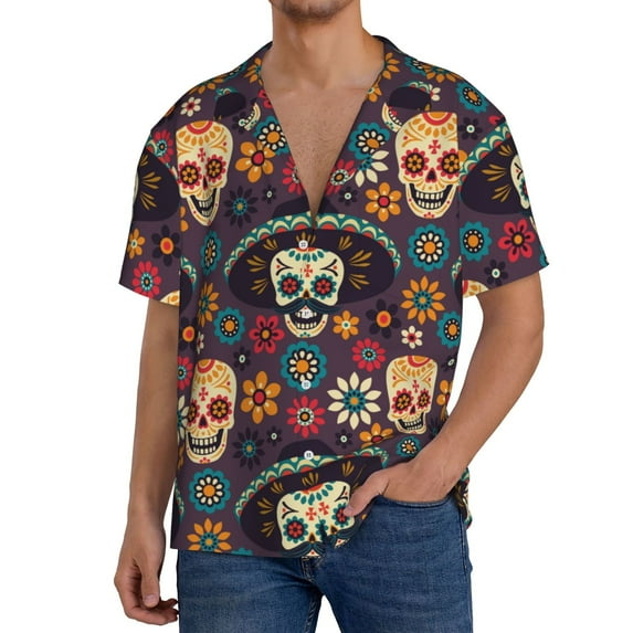 Cauagu Skulls and Flowers Men's Short Sleeve Button Down Hawaiian Shirt for Men Bowling Shirts Casual Summer Beach Shirt,Small