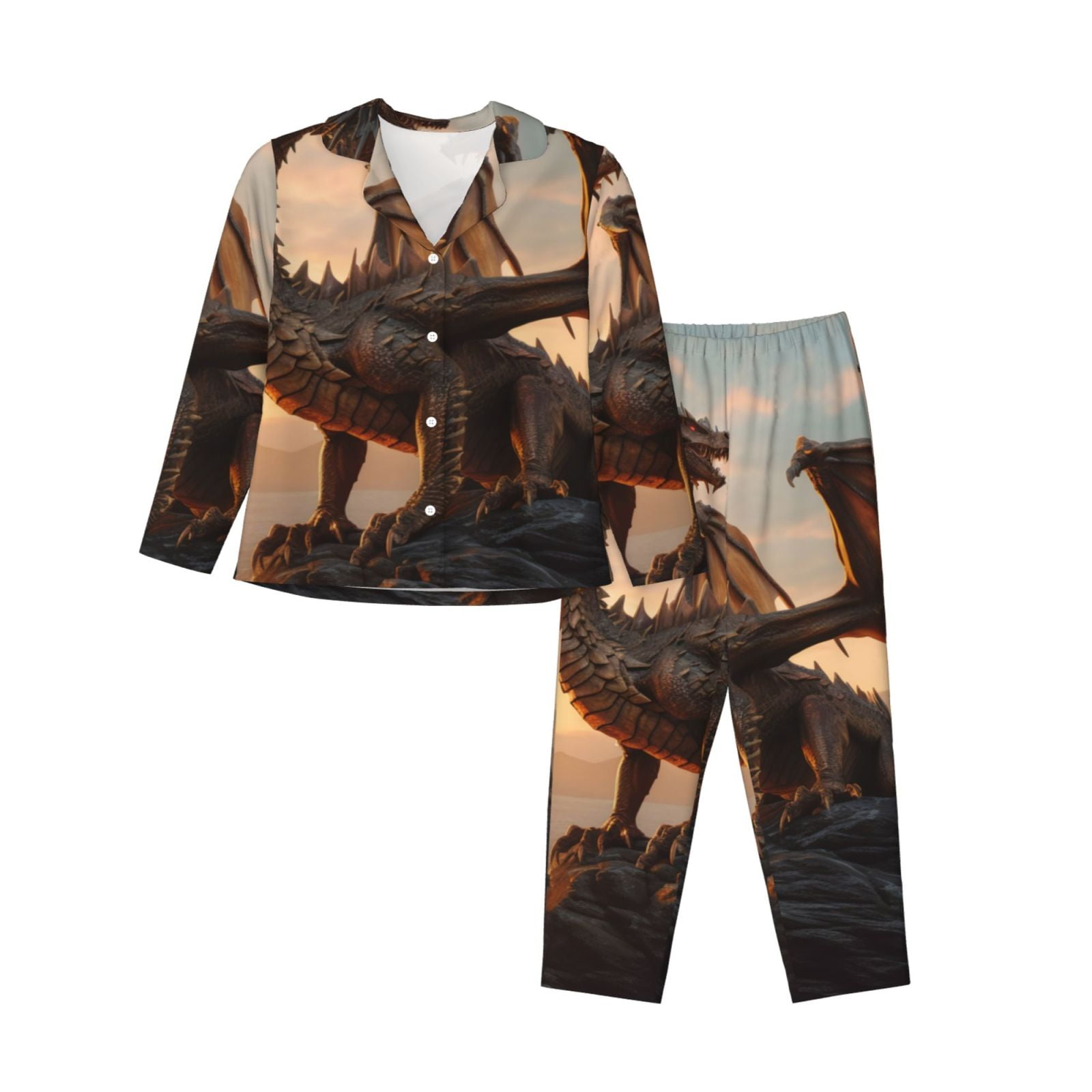 Cauagu Sky Sunset Bronze Dragon Print Women's Long-Sleeve Pajamas Set ...