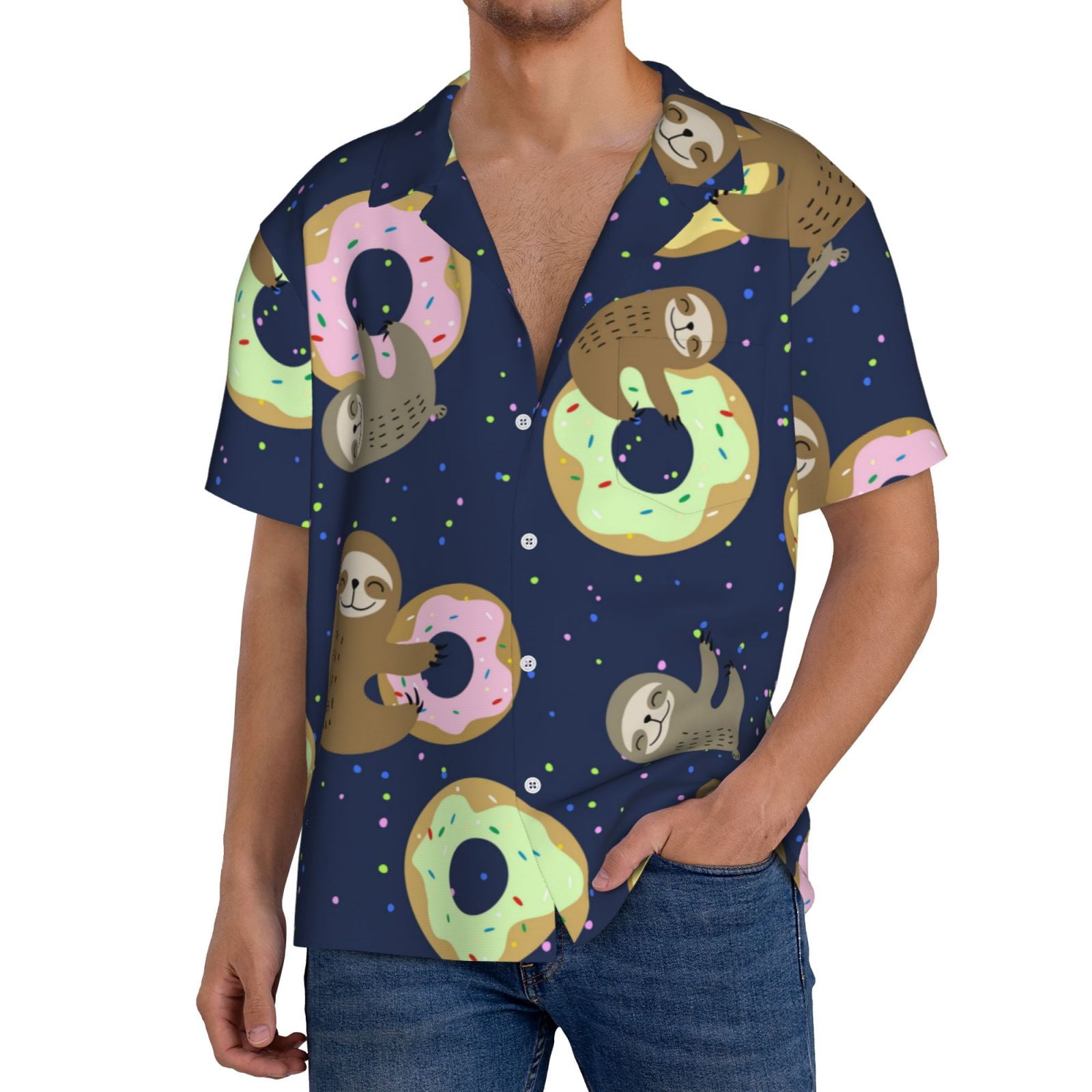 Visesunny Men's Sloth Jungle Hawaiian Shirt - Short Sleeve Button Down Aloha Shirt, Large