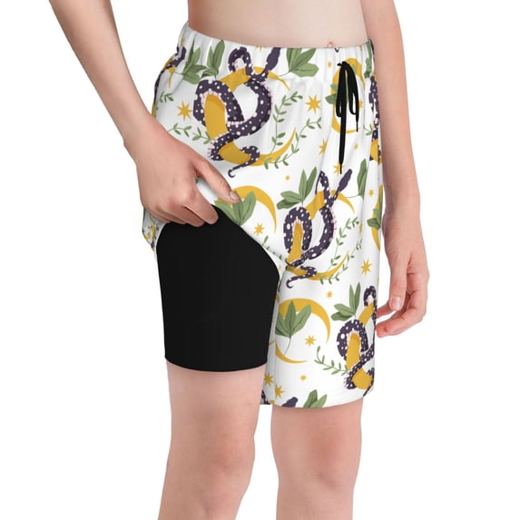 Cauagu Snake And Moon Print Swim Trunks for Men,Youth Boys Swim Shorts Compression Liner Beach Shorts Boys' Swimming Shorts 7-20 Years Bathing Suit-Medium