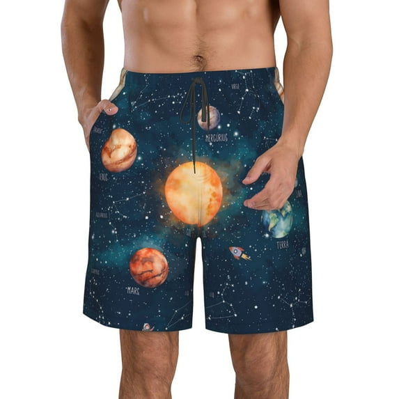 Cauagu Solar System And Planets Print Men's Swim Trunks,Hawaiian Bathing Suit Swimsuits Beach Shorts with Pockets for Men Quick Dry Swimming Board Shorts-Medium