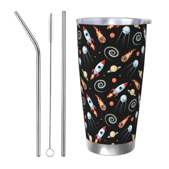 Cauagu Space Rocket Pattern 20oz Tumbler,Stainless Steel Vacuum Insulated Tumbler with Lid Insulated Coffee Mug Thermal Cup with Splash Proof Sliding Lid-Straw Three-piece Set