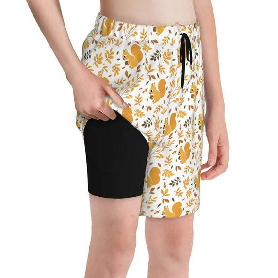 Cauagu Squirrel And Leaves Print Swim Trunks for Men,Youth Boys Swim Shorts Compression Liner Beach Shorts Boys' Swimming Shorts 7-20 Years Bathing Suit-X-Large
