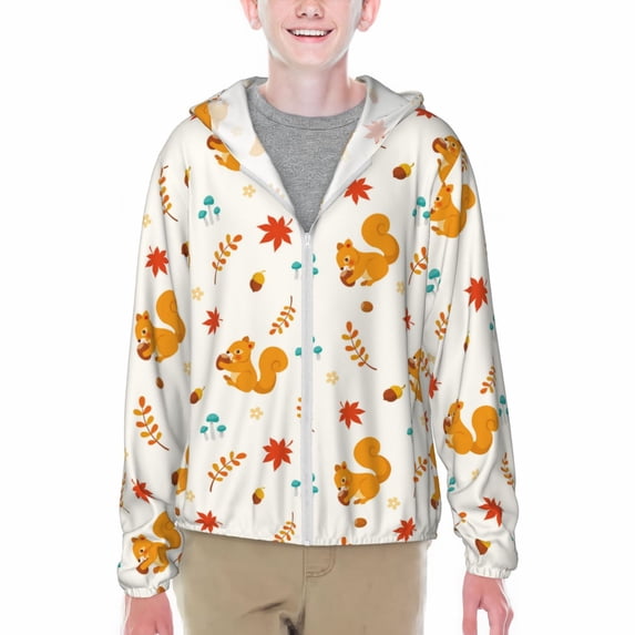 Cauagu Squirrel Maple Leaves And Nuts Print Sun Protection Jacket for Teen,Full-Zipper Long Sleeve Sun Shirts with Pockets UV Hoodie Shirts Outdoor Athletic Jacket-Medium