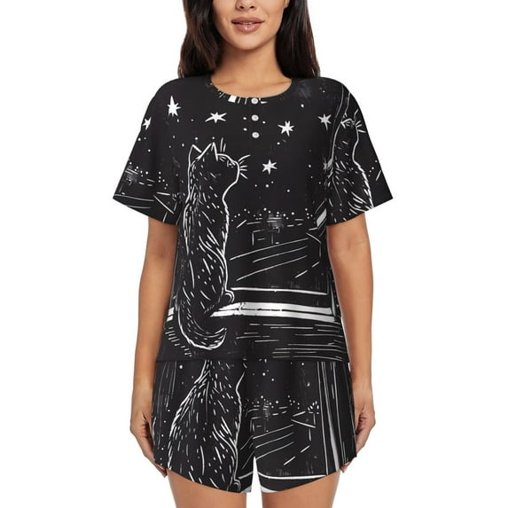Cauagu Star Gazing Cat Illustration for Women's Round Neck Pajama Set,Short-Sleeved Pajamas Soft Sleepwear Set Summer Pajamas Set Lounge Sets 2-Piece Pj-X-Large