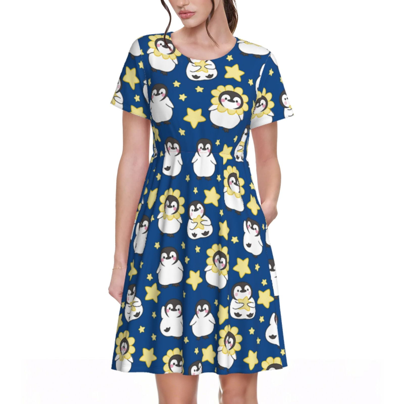 Cauagu Star Penguin Print Summer Dresses for Women 2025 Loose Short Sleeve Casual Sundresses ...