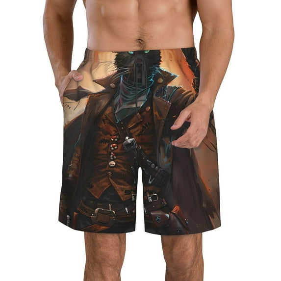 Cauagu Steampunk Cowboy Cat Print Men's Swim Trunks,Hawaiian Bathing Suit Swimsuits Beach Shorts with Pockets for Men Quick Dry Swimming Board Shorts-Medium