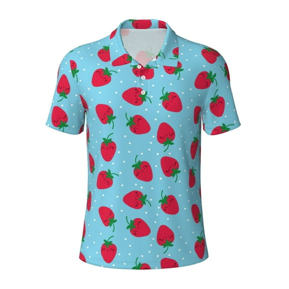 Cauagu Strawberries Print Men's Polo Shirts, Short-Sleeve Polo Shirts for Men Performance Golf Shirt Athletic Casual Collared T-Shirt-Small