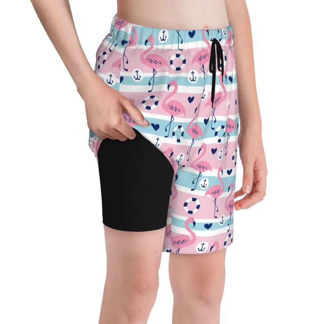 Cauagu Striped Flamingo Print Swim Trunks for Men,Youth Boys Swim Shorts Compression Liner Beach Shorts Boys' Swimming Shorts 7-20 Years Bathing Suit-Medium