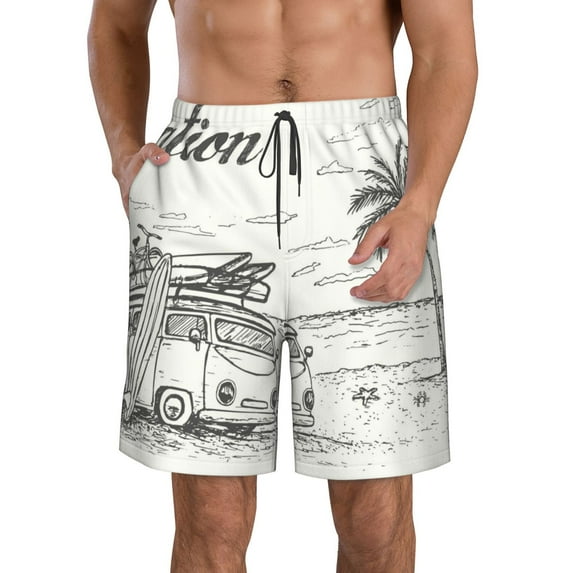 Cauagu Summer Vacation Scene With Camping Van Print Men's Swim Trunks,Hawaiian Bathing Suit Swimsuits Beach Shorts with Pockets for Men Quick Dry Swimming Board Shorts-X-Large