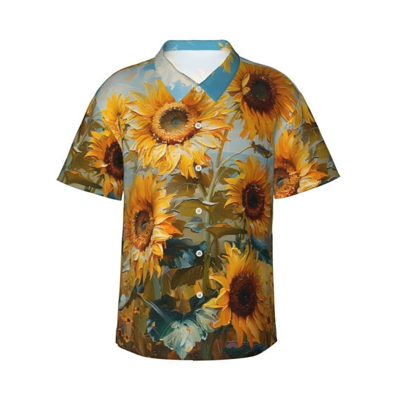 Cauagu Sunflower Field Art Print Hawaiian Shirt for Men,Casual Short Sleeve Button Down Shirts Summer Beach Men's Regular-Fit Short-Sleeve Print Shirt -Medium