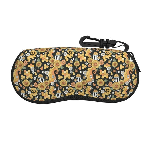 Cauagu Sunflowers Bee Pattern Unisex Glasses Case,Zipper Protective Fabric Sunglass Case with Clip Soft Case Horizontal Protective Pouch for Sunglasses Eyewear