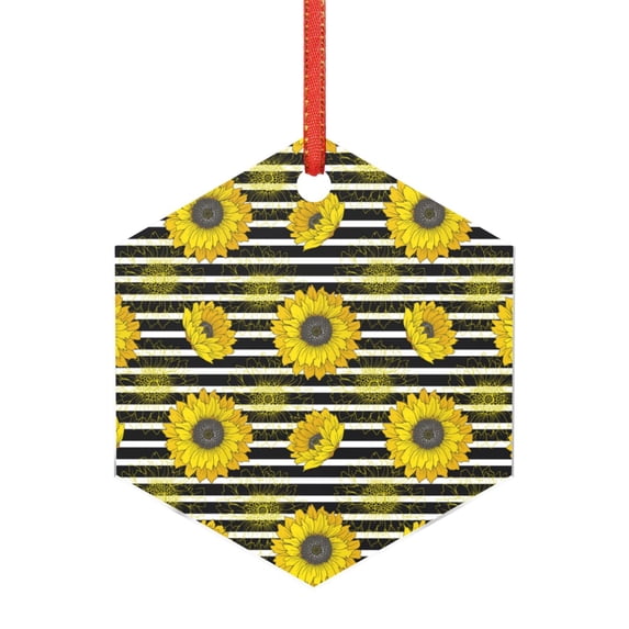 Cauagu Sunflowers On Black And White Stripes Pattern Acrylic Christmas Pendant,1-Pack Christmas Ornaments Xmas Tree Decor Christmas Décor with Ribbon Cute Tree Hanging for Party Favors-Hexagon