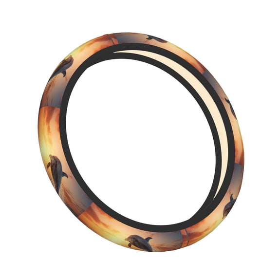 Cauagu Sunset Dancing Dolphin A Print Car Steering Wheel Cover - Universal Car Accessory for Diverse Cars for Steering Wheel with a Diameter of 14.5"-15"