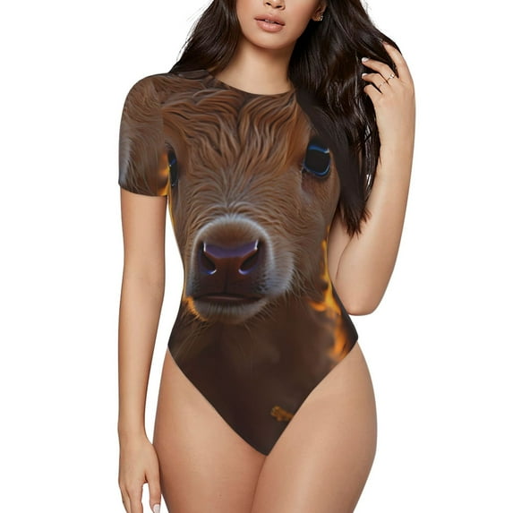 Cauagu Sunset Sunflower Cow Women's Crew Neck Round Short Sleeve T Shirts Tops Bodysuit Daily Jumpsuit-Small
