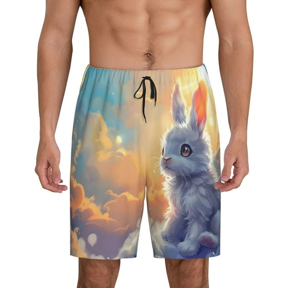 Cauagu Sunshine Colorful Cloud Rabbit Print Pajama Bottoms for Men Sleep Pajama Shorts Elastic Waistband Sleep Pajama Short Men's PJ Shorts -Large