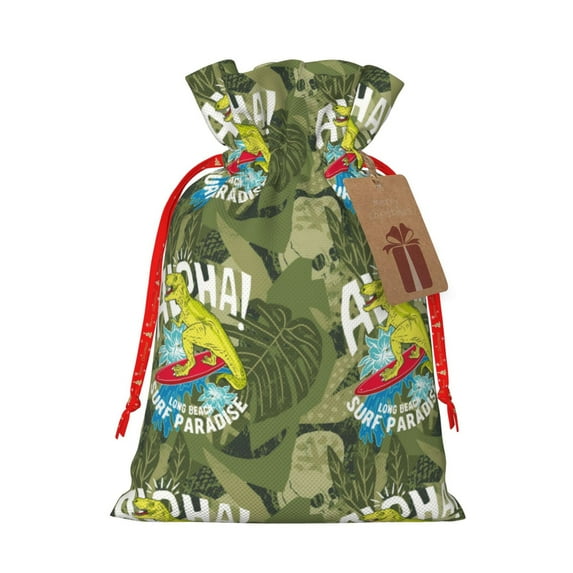 Cauagu Surfing Dinosaur Pattern Christmas Gift Bag,Drawstring Xmas Gift Bags Holiday Gift Wrapping Gift Pouch with Tag Holiday Gift Bags Party Favor Bags,1PCS-Medium
