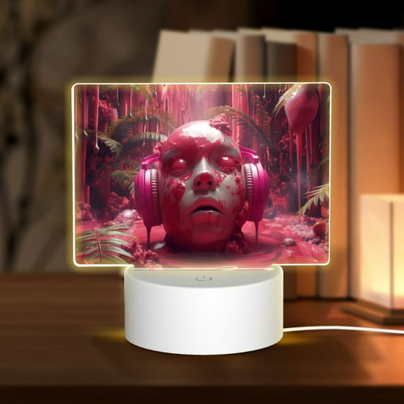 Cauagu Surreal Pink Headphones for Rectangle Acrylic Night Light - Acrylic Modern Bedside Light with LED Light Lamp Base - Decorative Night Lamp for Restaurant Bar Cafe Shop