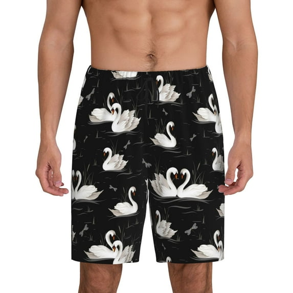Cauagu Swan And Dragonflies Print Pajama Bottoms for Men Sleep Pajama Shorts Elastic Waistband Sleep Pajama Short Men's PJ Shorts -X-Large