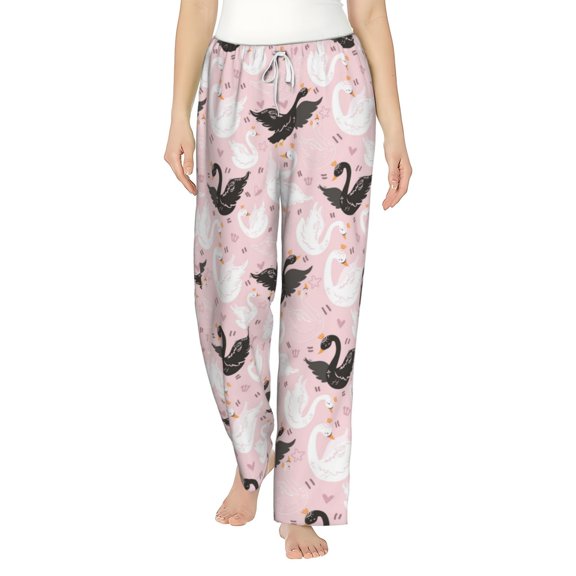 Cauagu Swan And Flowers2 Pajama Pants for Women Loose Fit Wide Leg Trouser Pants Casual Elastic Waist Drawstring Lounge Pants