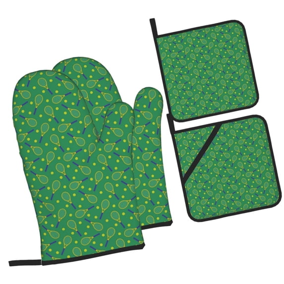 Cauagu Tennis Rockets And Balls Print Oven Mitts and Pot Holders 4 pcs Set,Extra Thicken Long Kitchen Oven Glove Potholders BBQ Gloves-Oven Mitts and Pot Holders(11 Inch)