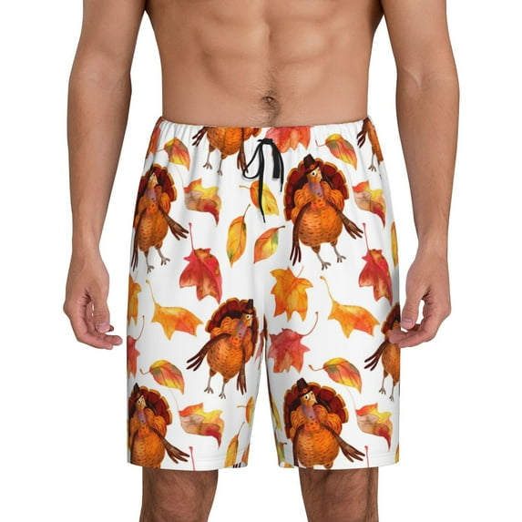 Cauagu Thanksgiving Turkey Leaves Print Pajama Bottoms for Men Sleep Pajama Shorts Elastic Waistband Sleep Pajama Short Men's PJ Shorts -Large