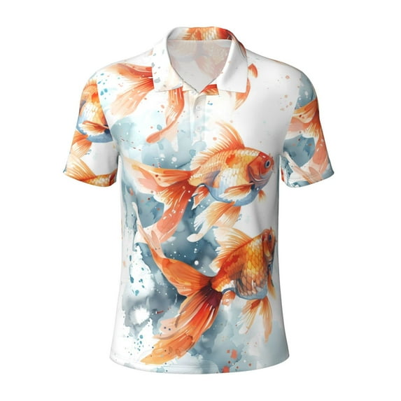 Cauagu Three Goldfish Watercolor Splash Print Men's Polo Shirts, Short-Sleeve Polo Shirts for Men Performance Golf Shirt Athletic Casual Collared T-Shirt-XX-Large