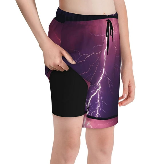 Cauagu Thunderstorm Violet Purple Print Swim Trunks for Men,Youth Boys Swim Shorts Compression Liner Beach Shorts Boys' Swimming Shorts 7-20 Years Bathing Suit-Large
