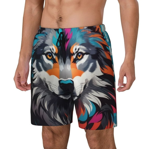 Cauagu Tie-Dye Wolf Head Print Mens Swim Trunks Quick Dry Board Shorts Swim Shorts with Compression Liner Bathing Suits-3X-Large