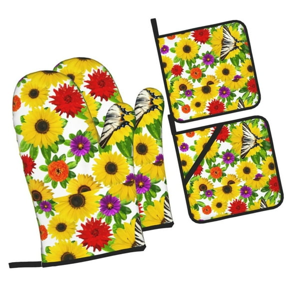 Cauagu Tiger Swallowtail On Flowers Print Oven Mitts and Pot Holders 4 pcs Set,Extra Thicken Long Kitchen Oven Glove Potholders BBQ Gloves-Oven Mitts and Pot Holders(11 Inch)