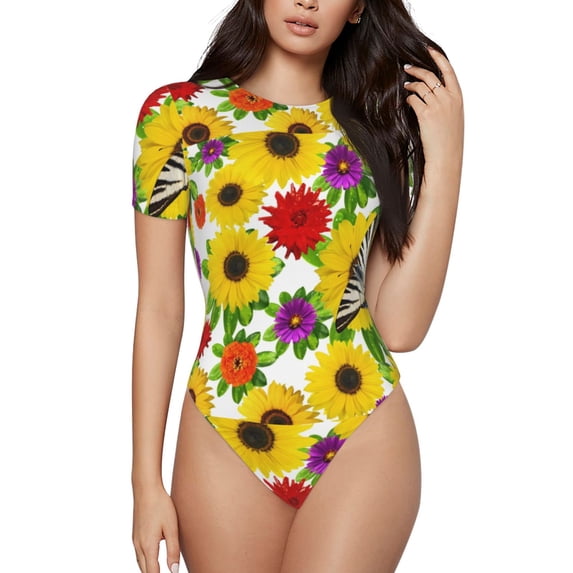 Cauagu Tiger Swallowtail On Flowers Women's Crew Neck Round Short Sleeve T Shirts Tops Bodysuit Daily Jumpsuit-XX-Large