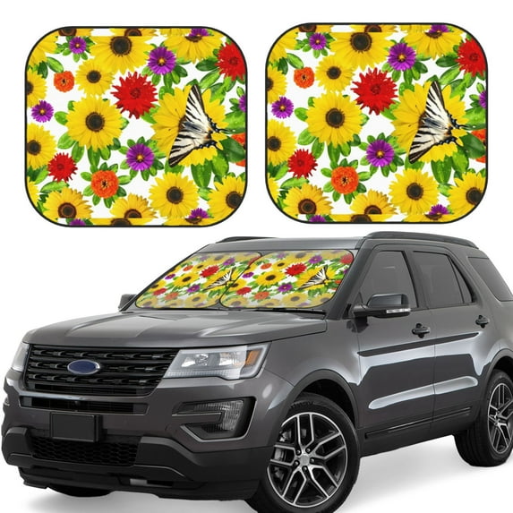 Cauagu Tiger Swallowtail On Flowers Cauagu {designName} Print Foldable Car Windshield Sun Shade | Front Windshield Shade for Sun | Fits Small Sedans, Mini SUVs, Hatchbacks-Large