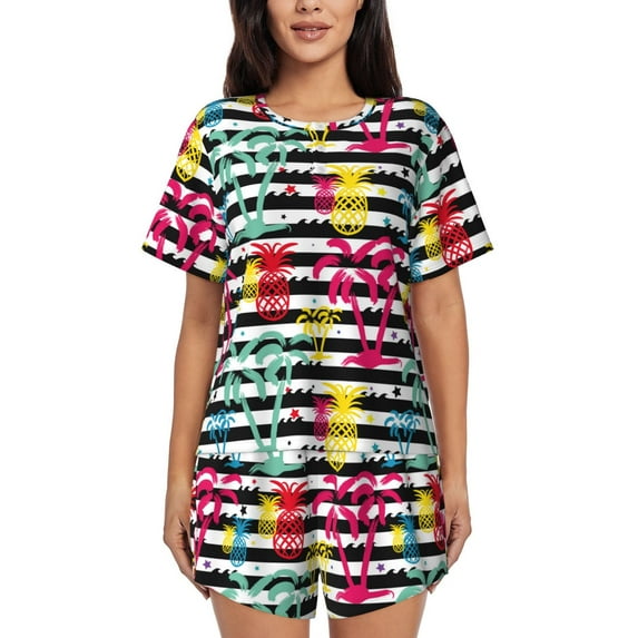 Cauagu Trendy Colorful Pineapples for Women's Round Neck Pajama Set,Short-Sleeved Pajamas Soft Sleepwear Set Summer Pajamas Set Lounge Sets 2-Piece Pj-Medium