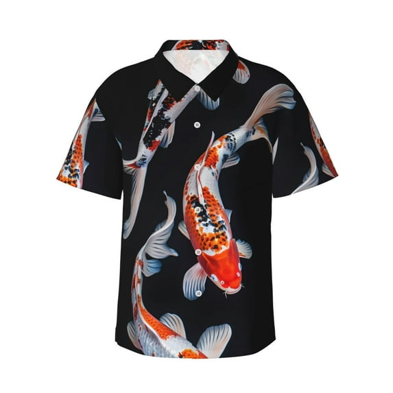 Cauagu Tricolor Koi Fish Trio Print Hawaiian Shirt for Men,Casual Short Sleeve Button Down Shirts Summer Beach Men's Regular-Fit Short-Sleeve Print Shirt -Large