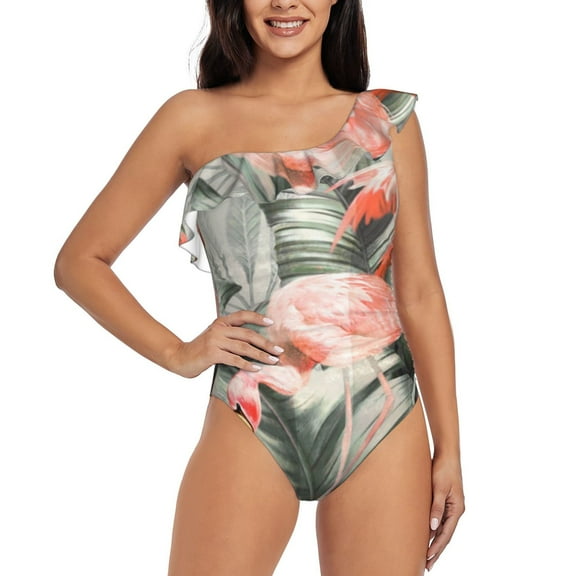 Cauagu Tropical With Flamingos Print Women's Sexy One Piece Swimsuits One Shoulder Ruffle Tummy Control Bathing Suit Slimming Swimwear-XX-Large