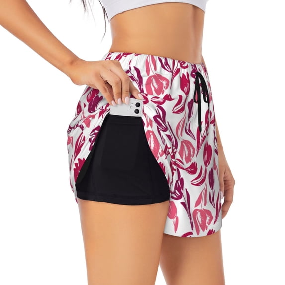 Cauagu Tulips Flowers Print Women's 2 in 1 Running Shorts Athletic Workout Gym Yoga Shorts Running Shorts for Women-XX-Large