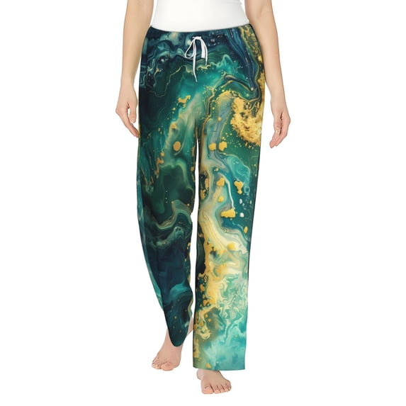 Cauagu Turquoise Golden Swirl Pajama Pants for Women Loose Fit Wide Leg Trouser Pants Casual Elastic Waist Drawstring Lounge Pants