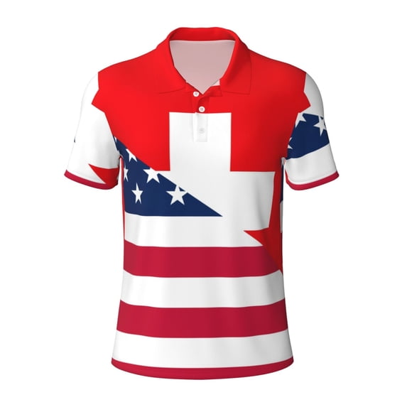 Cauagu USA Switzerland Print Men's Polo Shirts, Short-Sleeve Polo Shirts for Men Performance Golf Shirt Athletic Casual Collared T-Shirt-Large