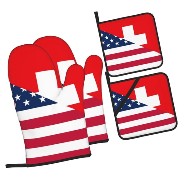 Cauagu USA Switzerland Print Oven Mitts and Pot Holders 4 pcs Set,Extra Thicken Long Kitchen Oven Glove Potholders BBQ Gloves-Oven Mitts and Pot Holders(11 Inch)