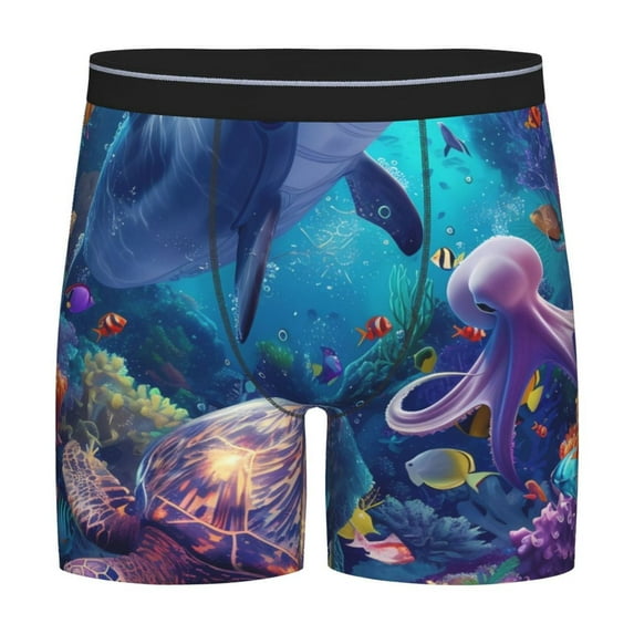 Cauagu Underwater Turtle Dolphin Octopus Print Men's Boxer Briefs, Funny & Cute Underwear Elastic Waistband Briefs Ideal Gift for Men,1-Pack