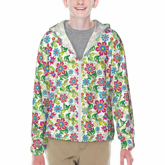 Cauagu Vector Mexican Otomi Style Bright Print Sun Protection Jacket for Teen,Full-Zipper Long Sleeve Sun Shirts with Pockets UV Hoodie Shirts Outdoor Athletic Jacket-Large