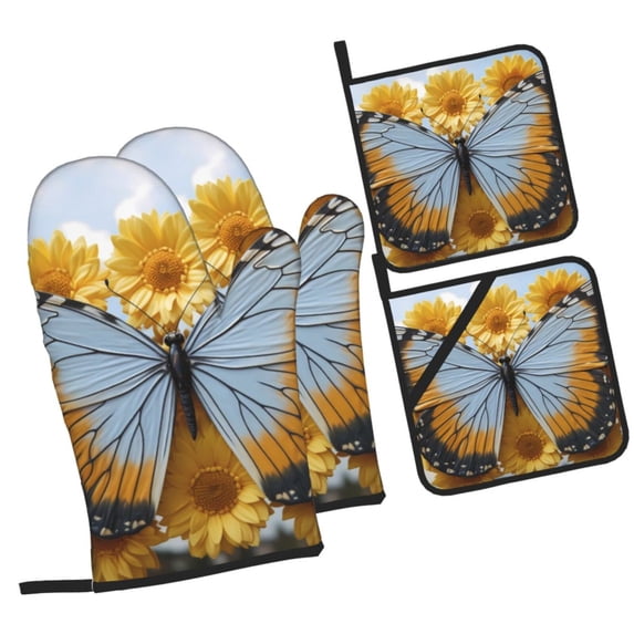 Cauagu Vibrant Butterfly And Sunflowers Print Oven Mitts and Pot Holders 4 pcs Set,Extra Thicken Long Kitchen Oven Glove Potholders BBQ Gloves-Oven Mitts and Pot Holders(11 Inch)