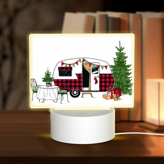 Cauagu Vintage Buffalo Plaid Christmas Camper for Rectangle Acrylic Night Light - Acrylic Modern Bedside Light with LED Light Lamp Base - Decorative Night Lamp for Restaurant Bar Cafe Shop