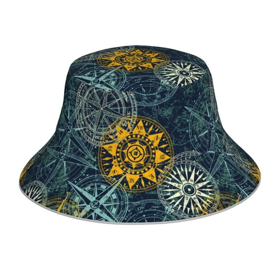 Cauagu Vintage Compass for Unisex Bucket Hat,Outdoor Summer Beach Fishing Sun Hat Hot Summer Reflective Bucket Hat Fun Outdoor Vacation Hat for Men and Women