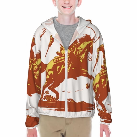 Cauagu Vintage Cowboy On A Bronco Horse Print Sun Protection Jacket for Teen,Full-Zipper Long Sleeve Sun Shirts with Pockets UV Hoodie Shirts Outdoor Athletic Jacket-XX-Large