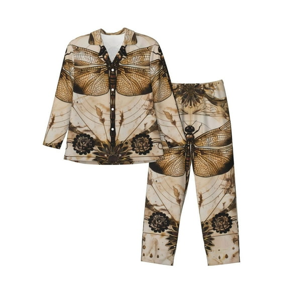 Cauagu Vintage Dragonfly Artwork Print Men's Long-Sleeve Pajama Set,Soft Button-Front 2Pjs for Men Long Sleeve Men’s Sleepwear-Medium