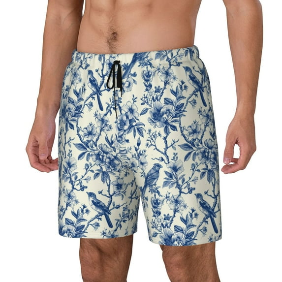 Cauagu Vintage Floral Birds Print Mens Swim Trunks Quick Dry Board Shorts Swim Shorts with Compression Liner Bathing Suits-Medium